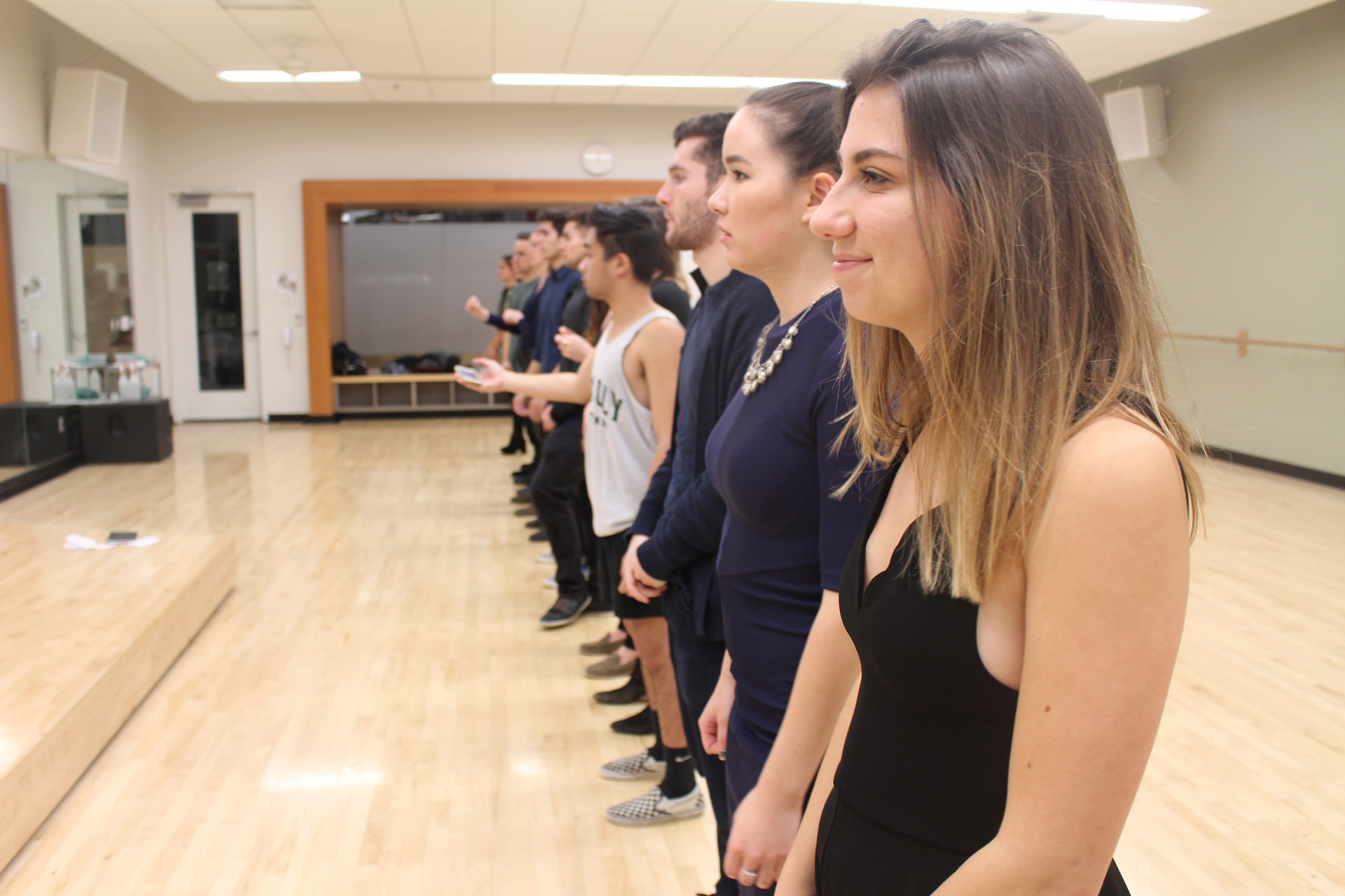 Visualize success- The group lines up for some motivation. Environmental earth and soil sciences sophomore Mikaela McGill (right) had a great deal of input to the choreography of what a wonderful world and other songs. San Luis Obispo, Calif., Monday, January 30, 2017.